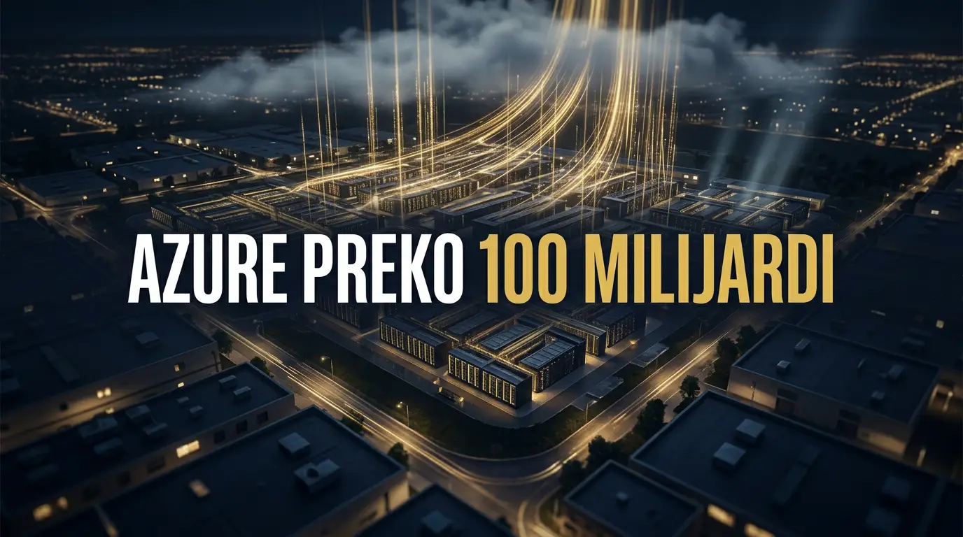Poster sa naslovom Azure preko 100 milijardi iznad noćnog data centra snimljenog iz vazduha