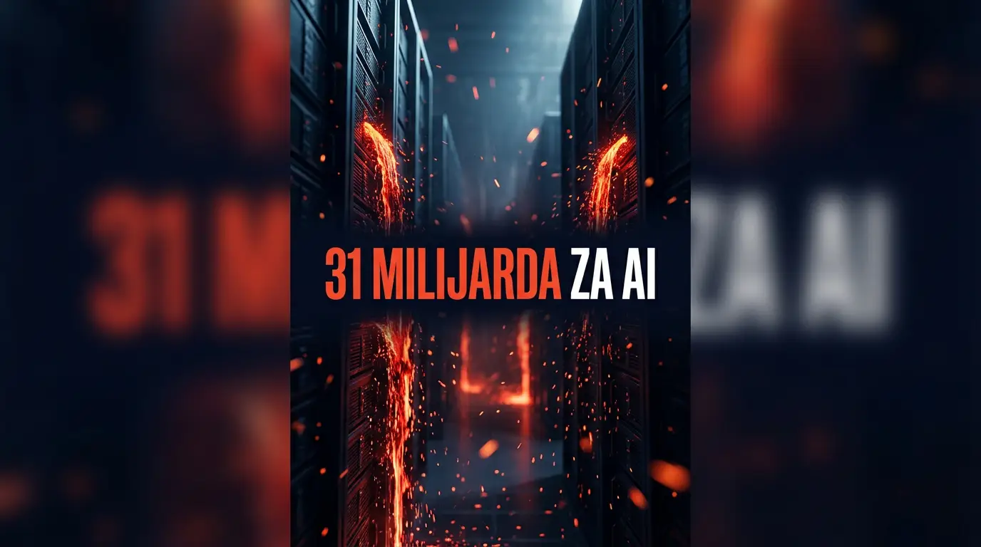 Poster sa naslovom 31 milijarda za AI ispred užarenih server hala koje simbolizuju AI potrošnju Mete