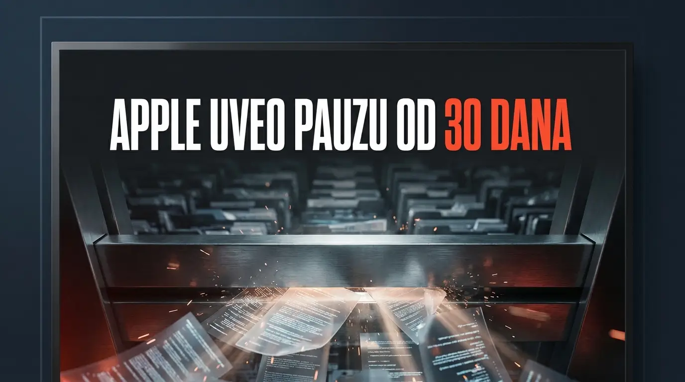 Metalna kapija zaustavlja bujicu digitalnih dokumenata, uz naslov o Appleovoj pauzi od 30 dana