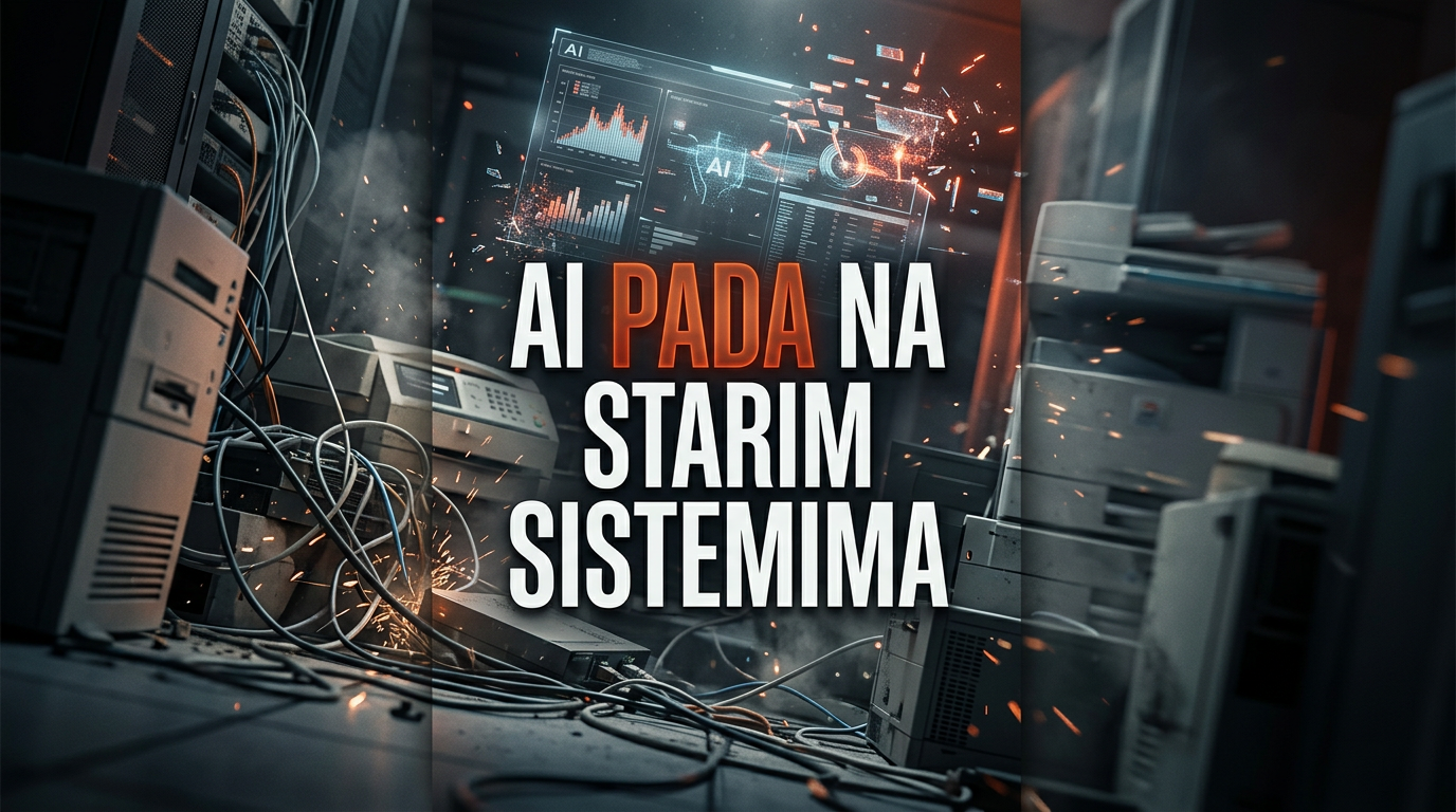Zapetljani kablovi i stara oprema ispod holograma AI interfejsa koji se lomi, ilustracija problema uvođenja AI.