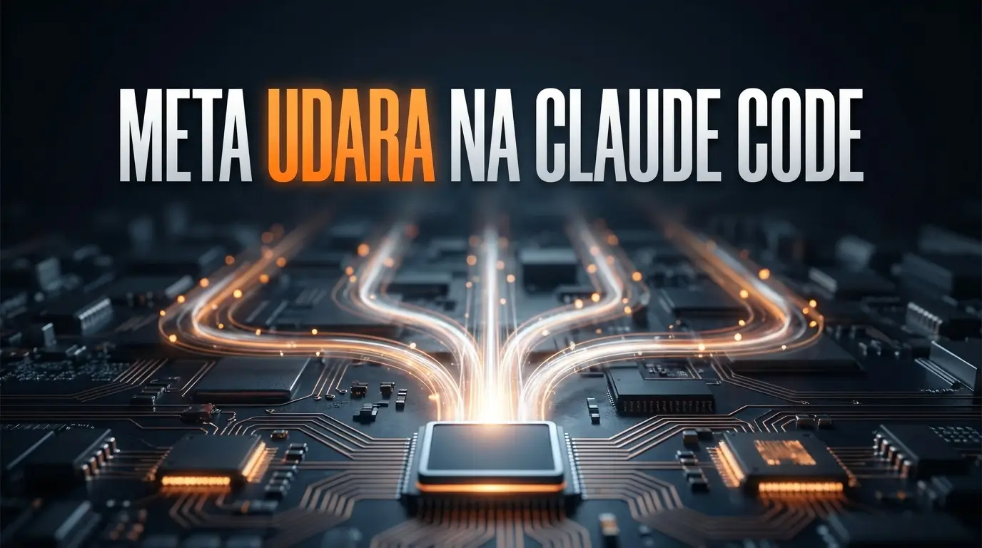 Makro snimak terminala sa svjetlosnim tokom koji se grana u šest paralelnih kanala, natpis Meta udara na Claude Code