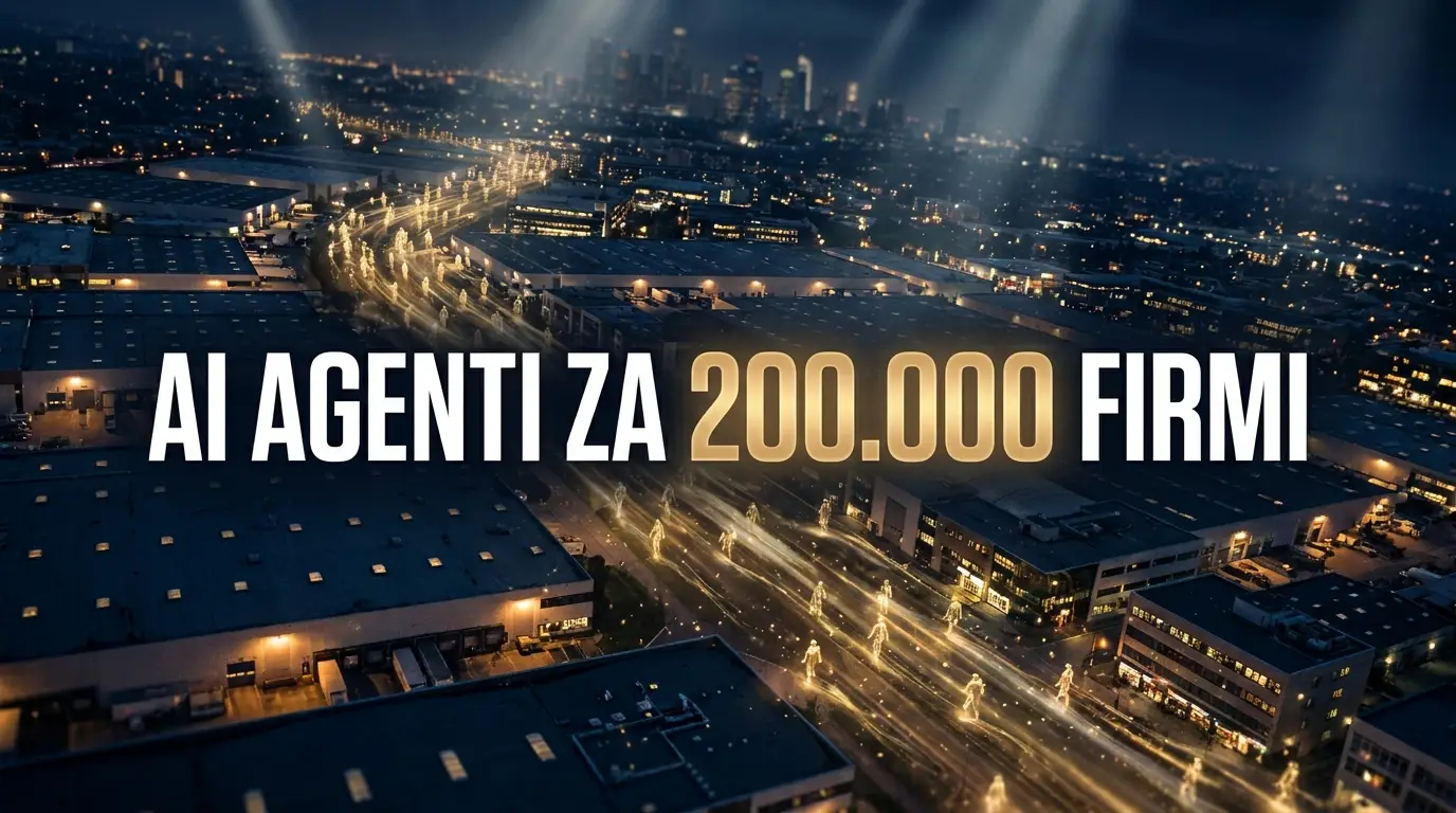 Noćni snimak poslovne četvrti iz vazduha sa zlatnim hologramskim agentima, natpis AI agenti za 200.000 firmi