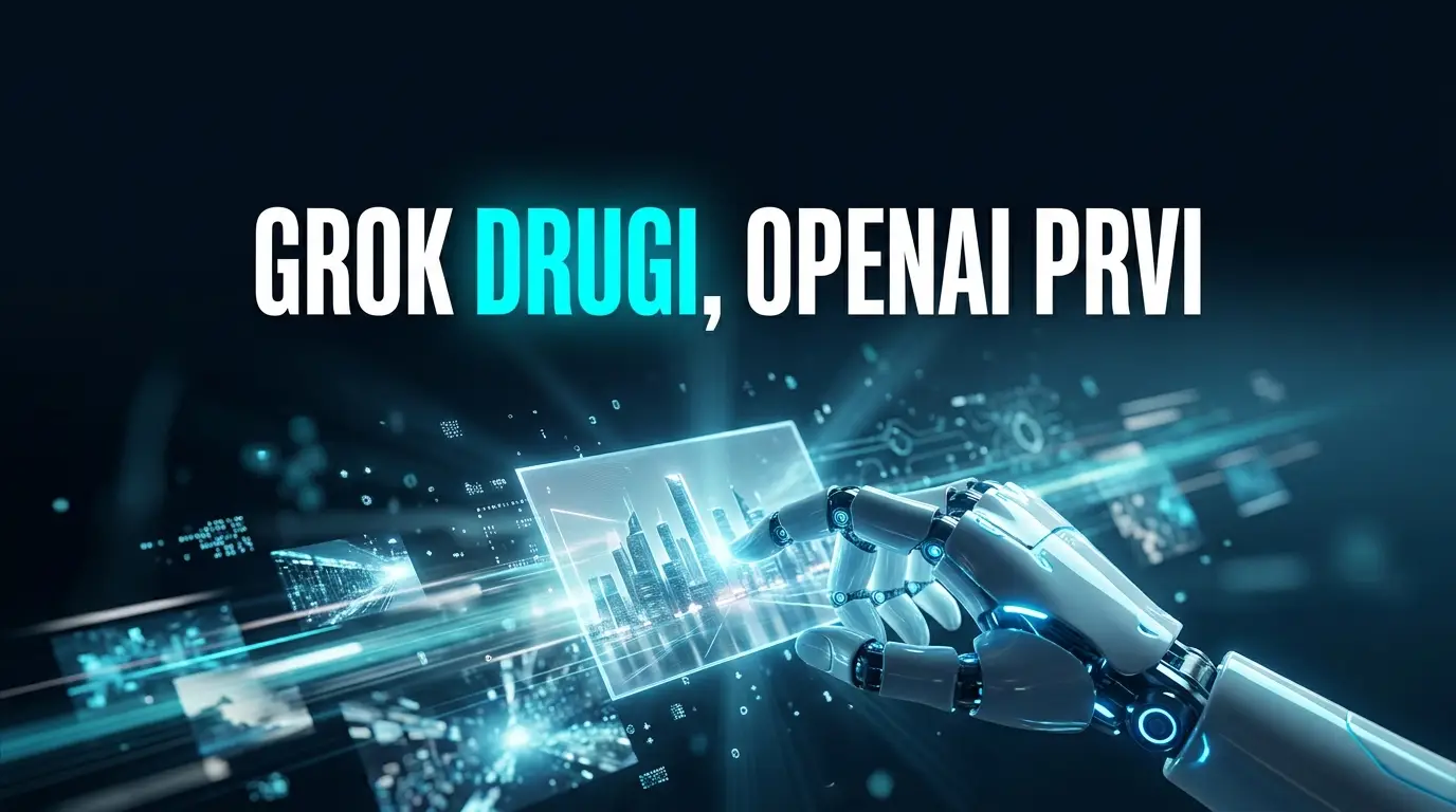 Poster sa naslovom Grok drugi, OpenAI prvi i robotskom rukom koja oblikuje holografsku fotografiju