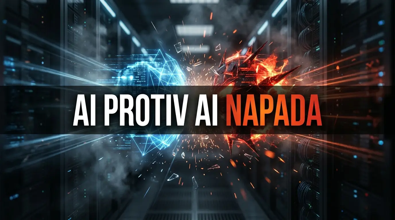 AI sajber napadi, sudar dva svjetlosna digitalna entiteta u tamnom serverskom hodniku