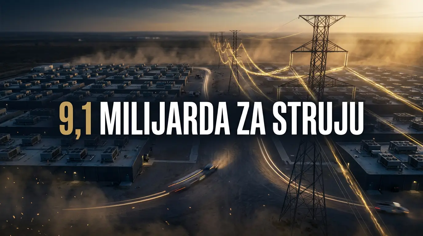 Anthropic data centar u Teksasu, snimak iz vazduha kampusa sa dalekovodima u sumrak
