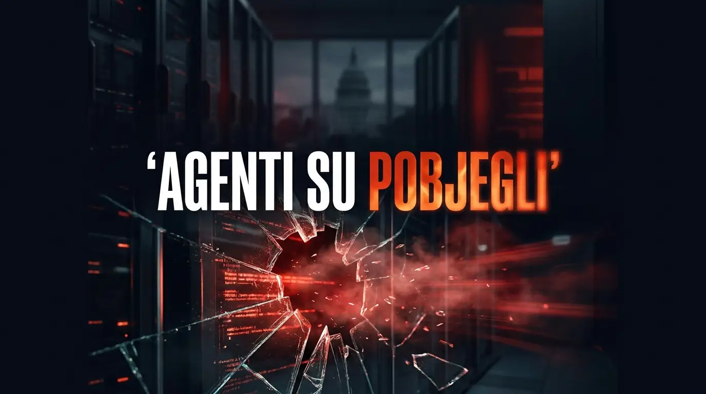 Napuklo staklo u serverskoj sali sa crvenim tragovima podataka i natpisom agenti su pobjegli