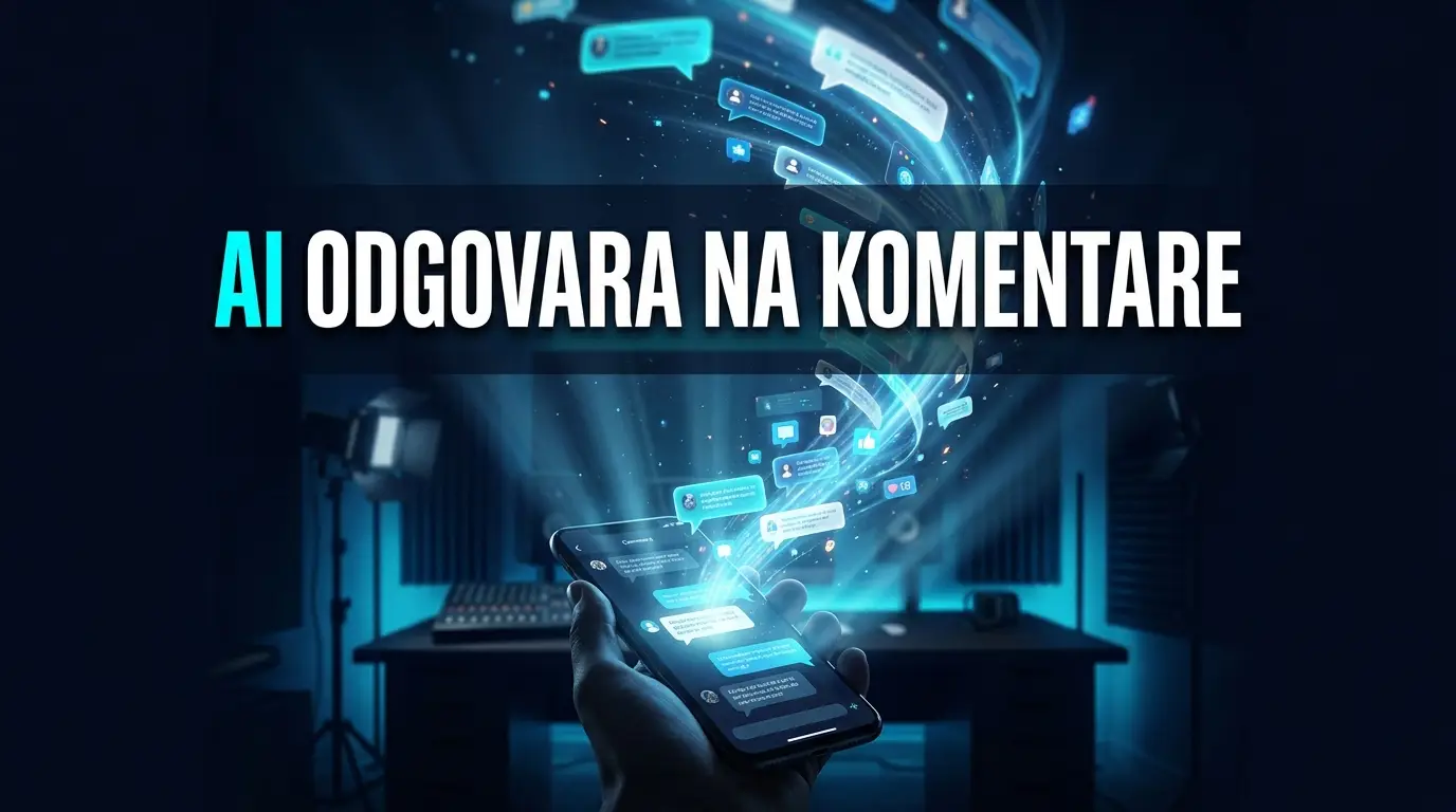 Telefon u mraku iz kojeg izlijeću svijetleći baloni komentara, naslov o AI odgovorima na komentare