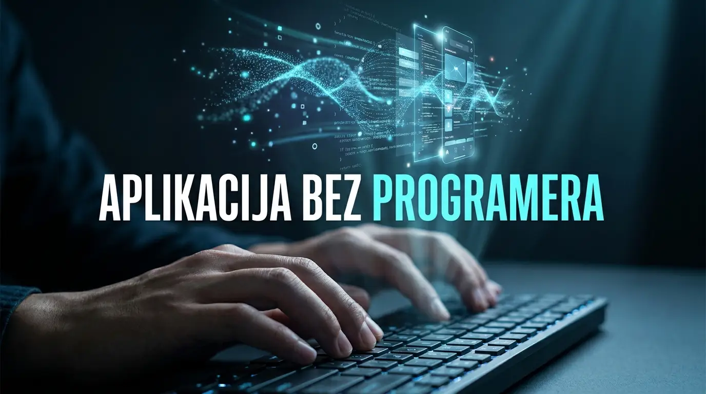 Ruke na tastaturi i hologramski interfejs aplikacije, vibe coding pravljenje aplikacije bez programera