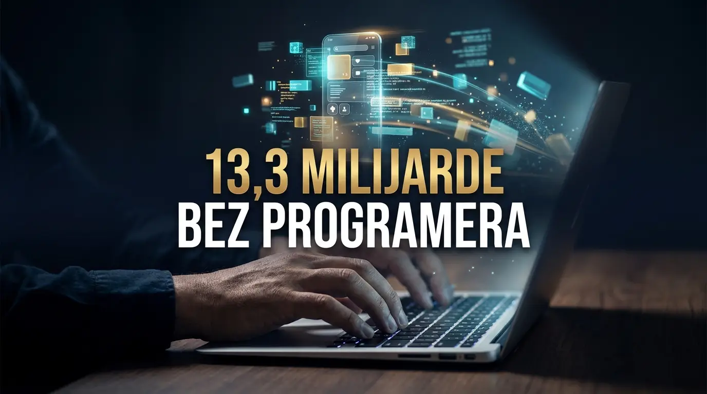Ruke na laptopu iznad kojeg se u vazduhu sklapa aplikacija, naslov 13,3 milijarde bez programera