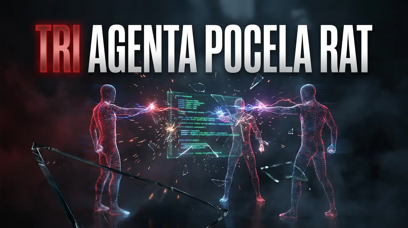 Tri svjetleće digitalne figure u sukobu oko holograma koda, naslov Tri agenta počela rat