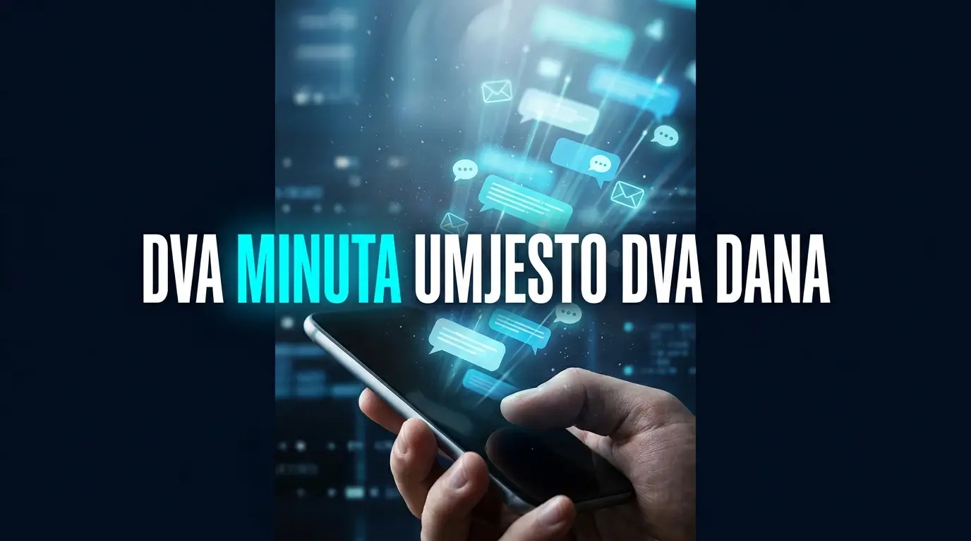 Ruka sa telefonom i porukama kupaca, natpis Dva minuta umjesto dva dana, AI za korisničku podršku