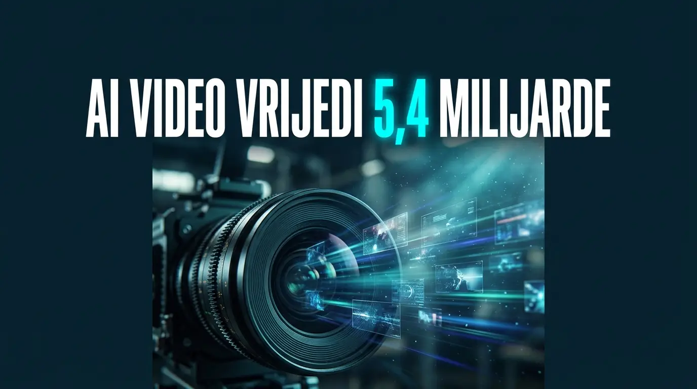 Objektiv filmske kamere iz kojeg izlijeću holografski video kadrovi, natpis AI video vrijedi 5,4 milijarde