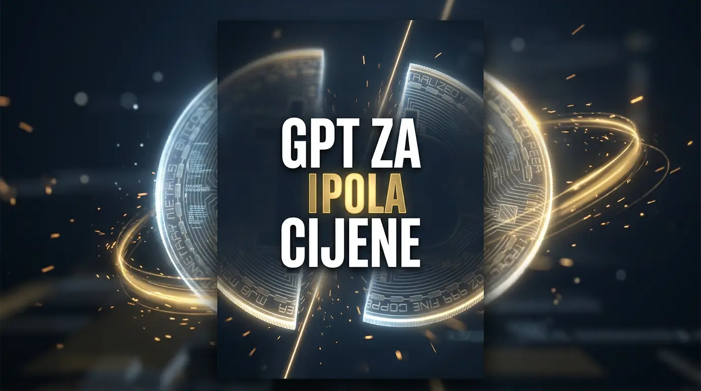 Naslovna ilustracija, hologramski token presječen na pola, naslov GPT za pola cijene