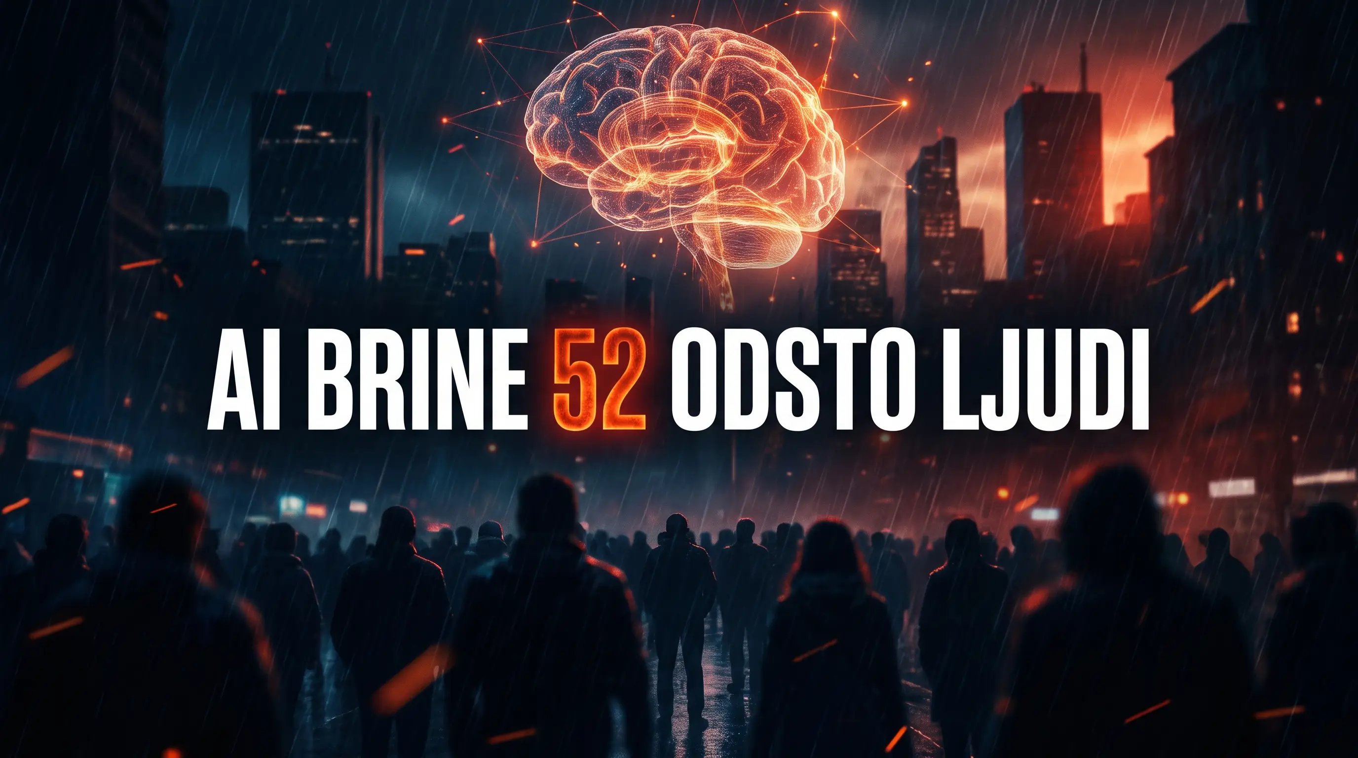 Naslovna ilustracija, siluete ljudi pod kišom gledaju ogroman AI hologram, naslov AI brine 52 odsto ljudi