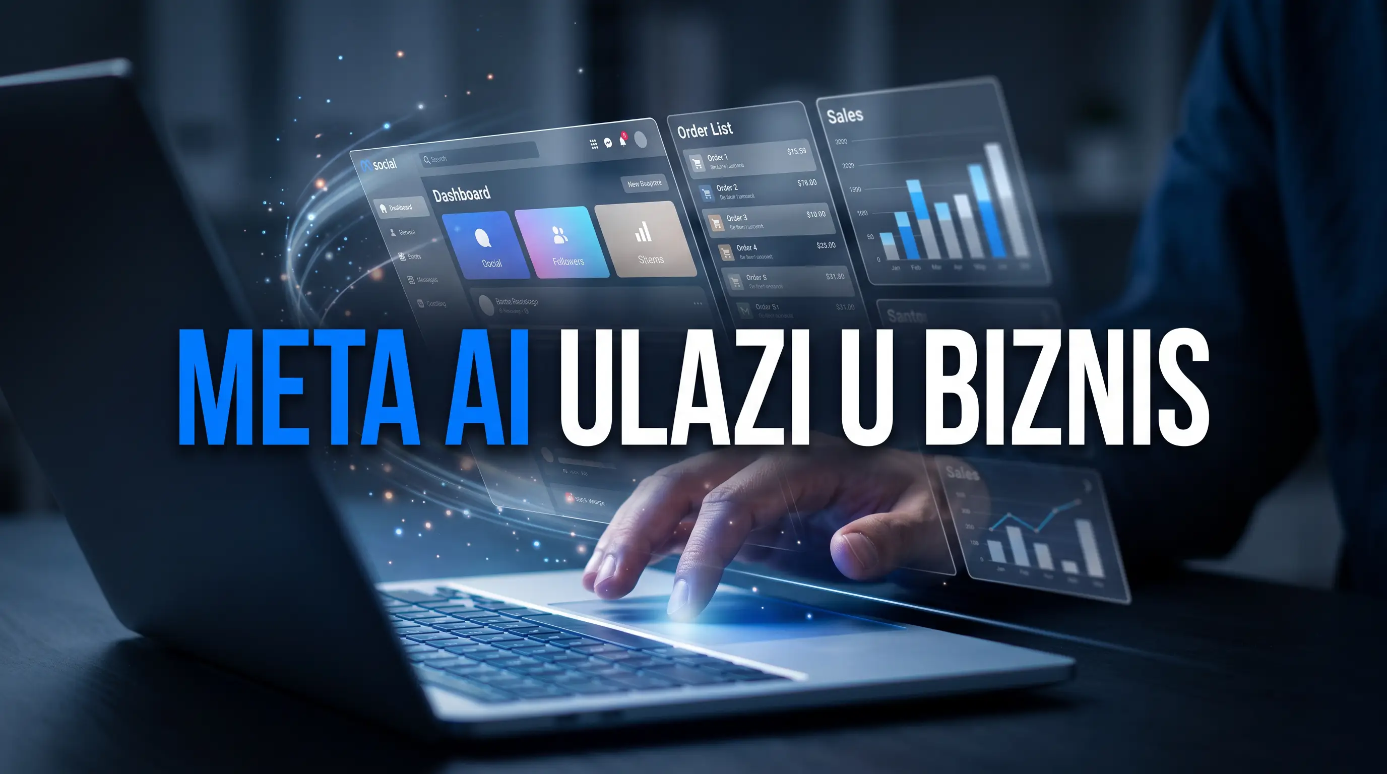 Meta AI za firme, holografski panel sa podacima o prodaji iznad laptopa