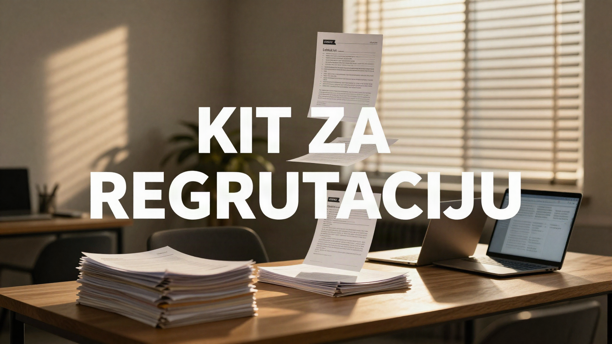 Vlasnik male firme za radnim stolom, gomila štampanih prijava sa jedne strane i laptop sa druge, iznad stola rangirana lista kandidata