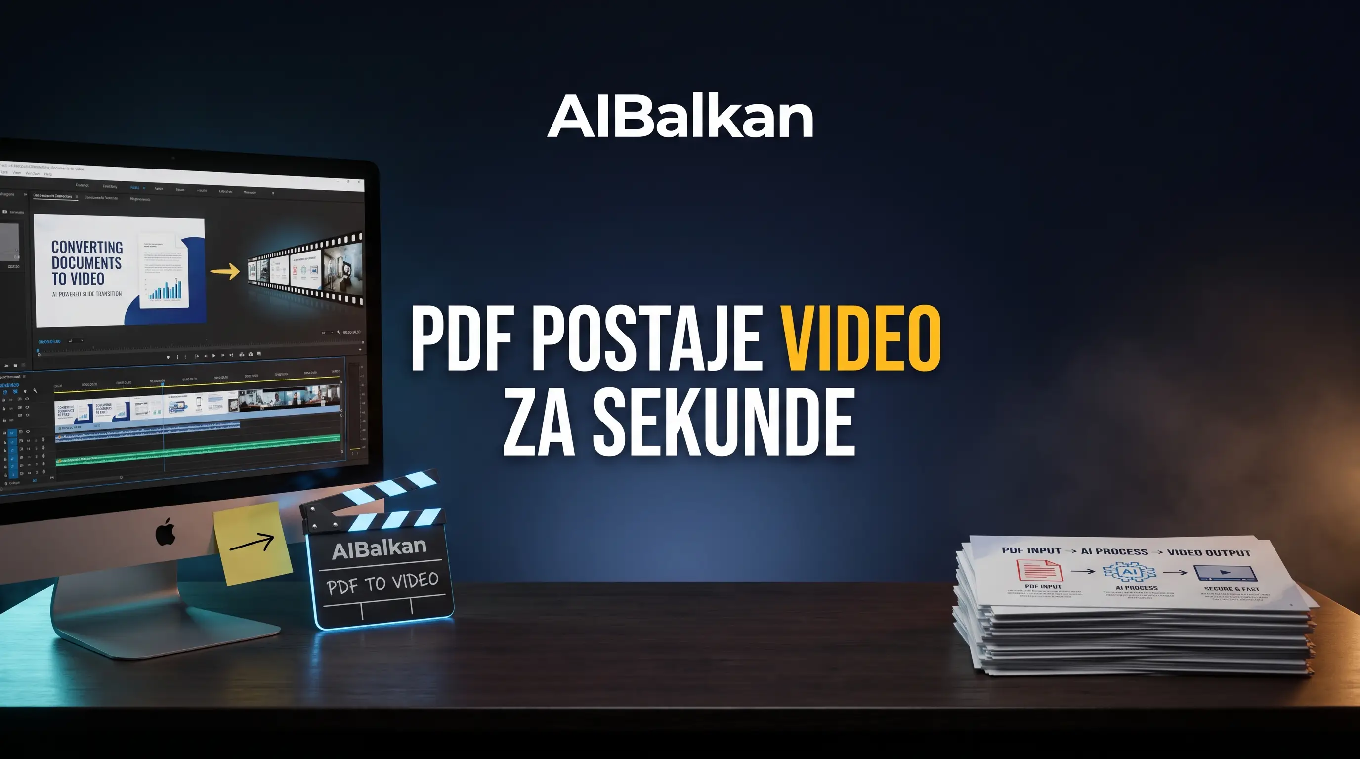 Radna površina sa monitorom i prezentacijom koja se pretvara u video, naslov PDF postaje video za sekunde