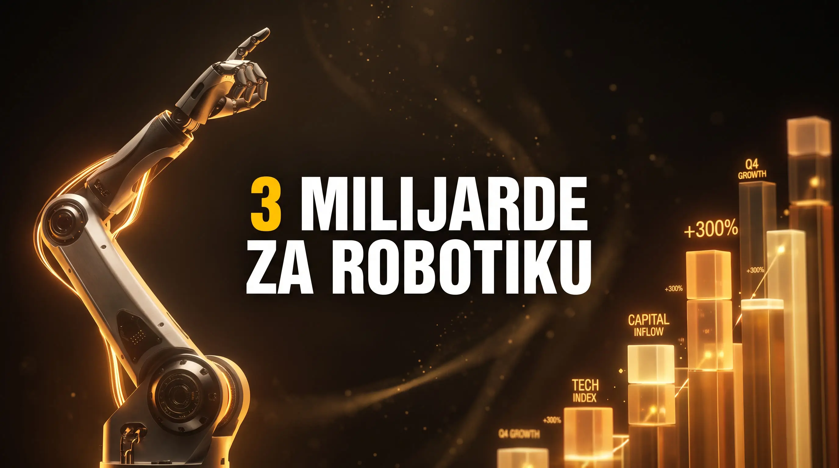 Silueta robotske ruke koja se pruža uvis pored providnih svjetlosnih grafikona koji rastu