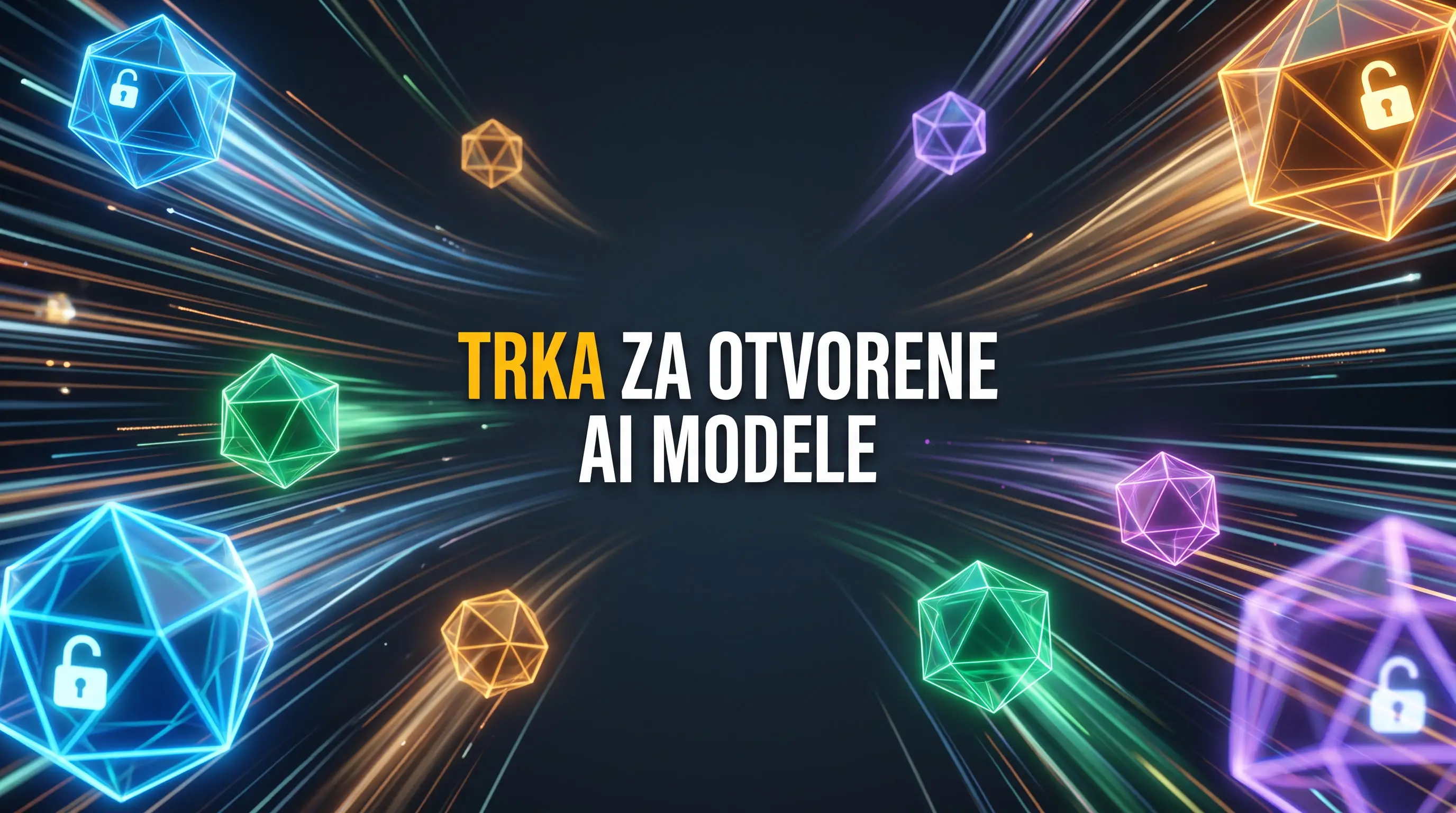 Simbolična scena trke AI modela uz natpis Trka za otvorene AI modele