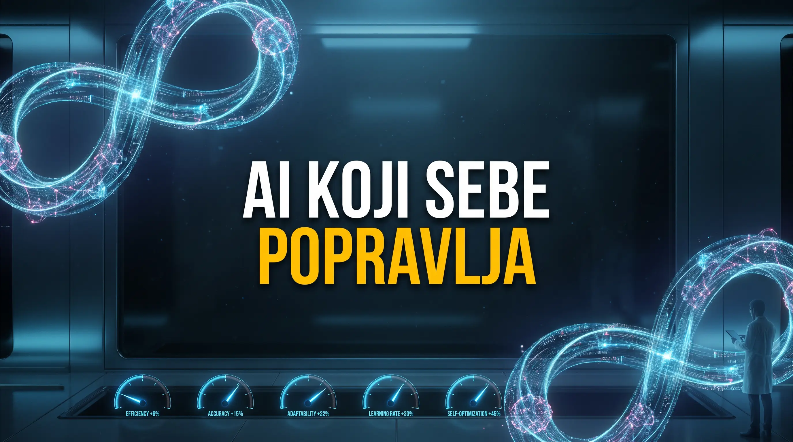 Simbolična scena AI sistema koji popravlja drugi AI sistem uz natpis AI popravlja AI