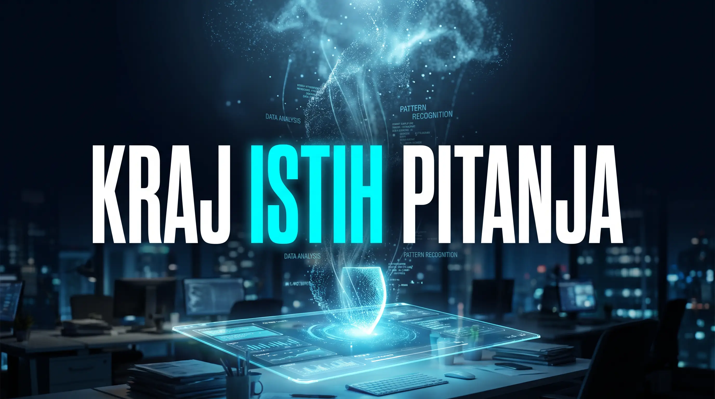 Interni AI asistent za pravila firme, ilustracija holografskog dokumenta u kancelariji