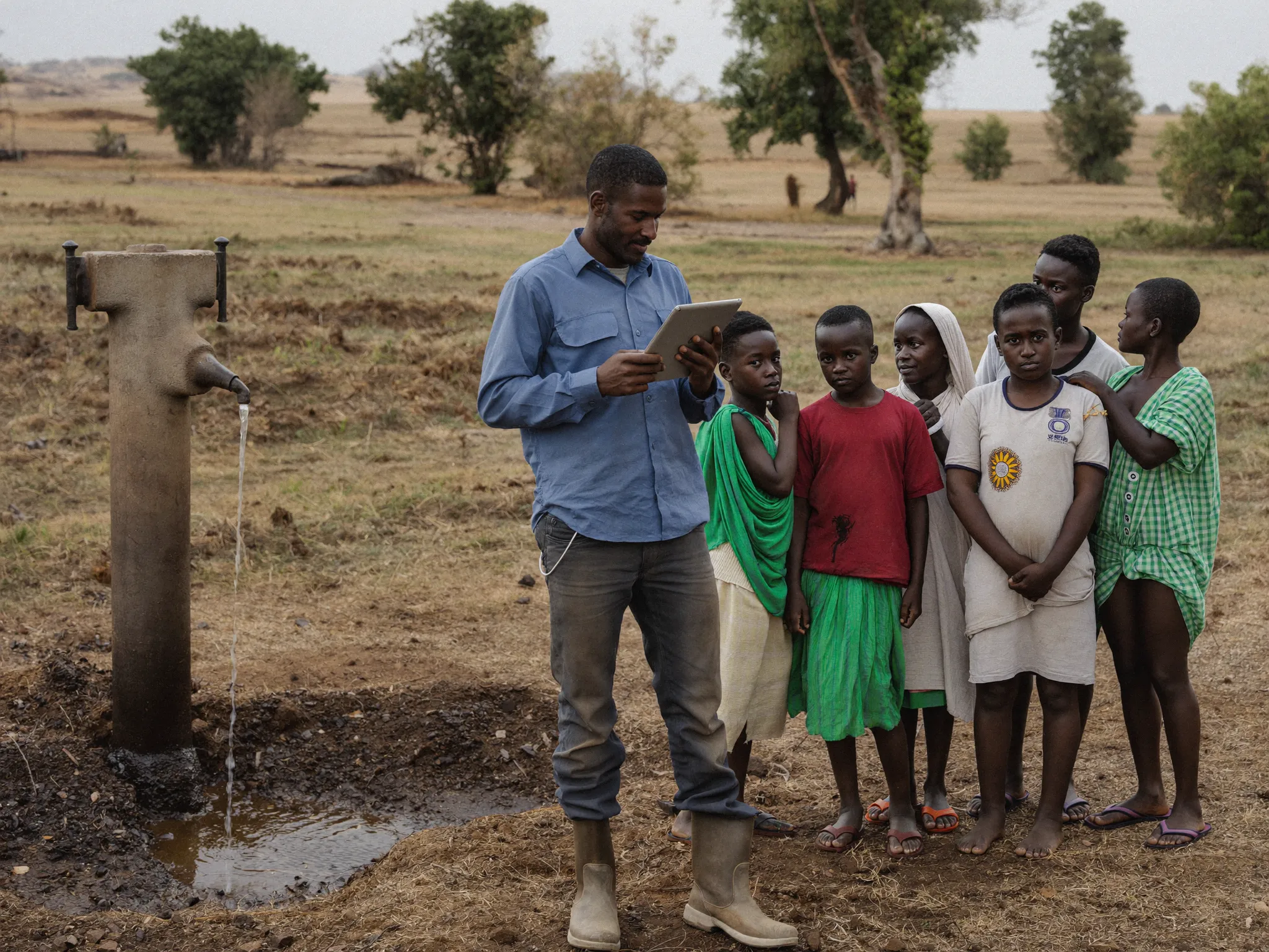 Aid worker with a tablet beside a community water point