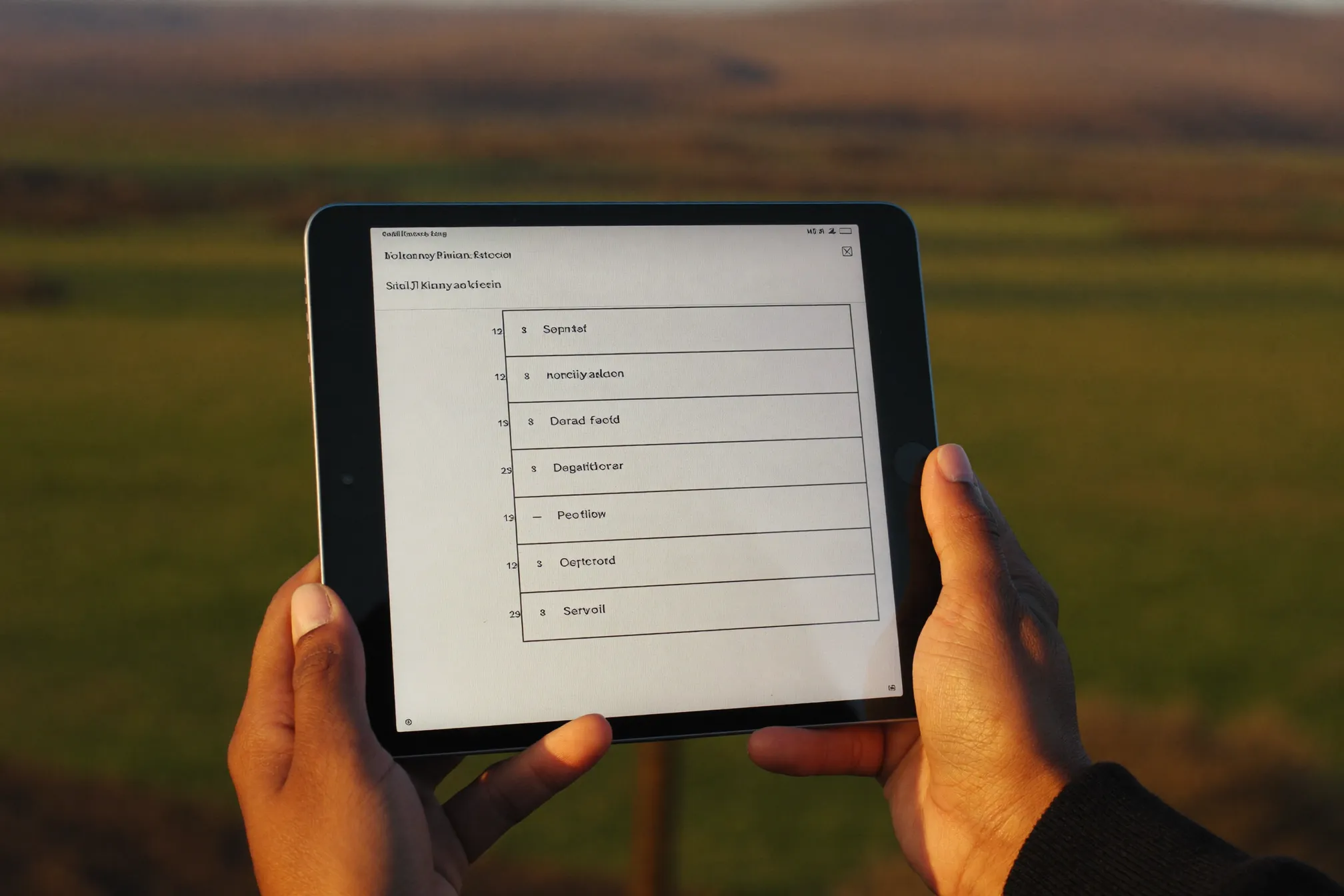 Hands holding a tablet showing a digital survey form in the field