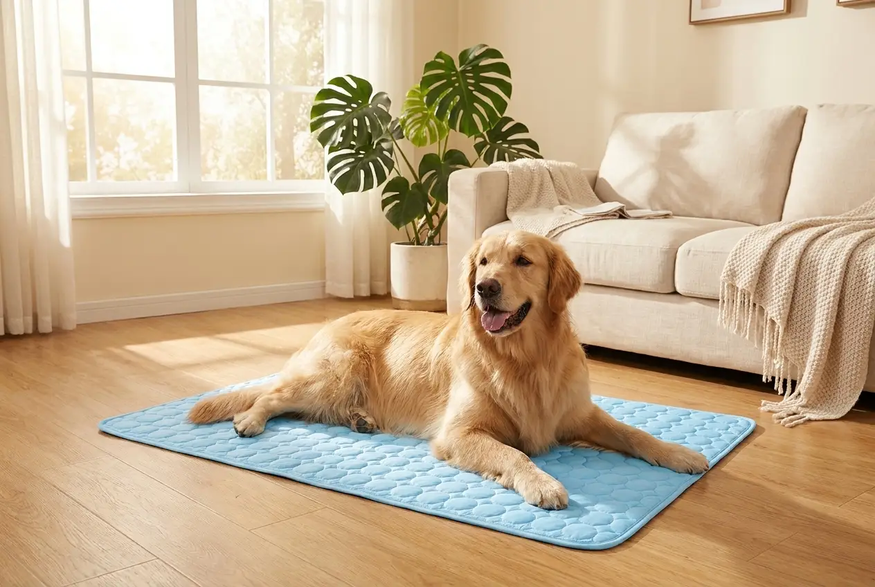 A relaxed dog stretched out on the Chill Mat cooling mat on a wooden floor indoors
