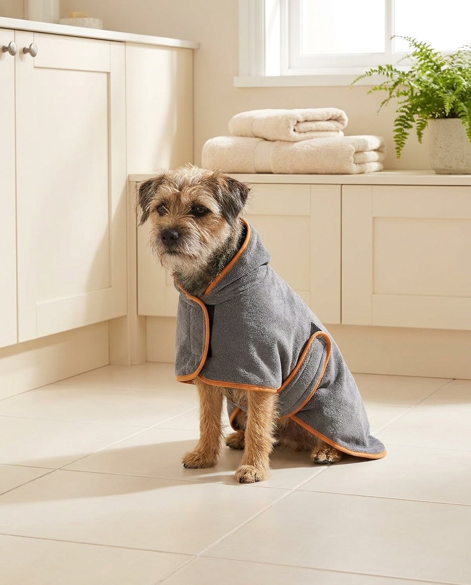 A wet dog wearing the Fast-Dry Pet Bathrobe after a bath, drying off on a towel