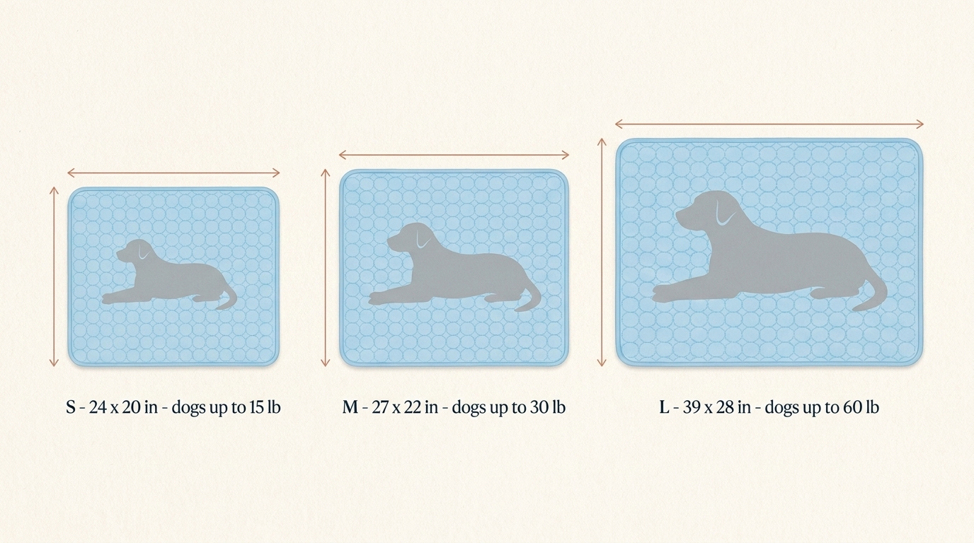 Chill Mat size guide diagram showing S (24 by 20 inches), M (27 by 22 inches), and L (39 by 28 inches) on a wood floor