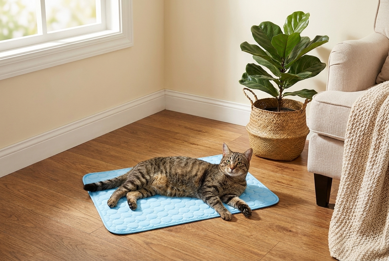 A cat curled up resting on the Size S Chill Mat ice-silk cooling mat