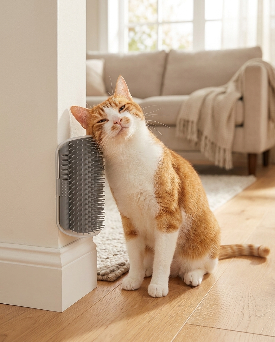 The Corner Self-Groomer with catnip mounted in the corner of a room