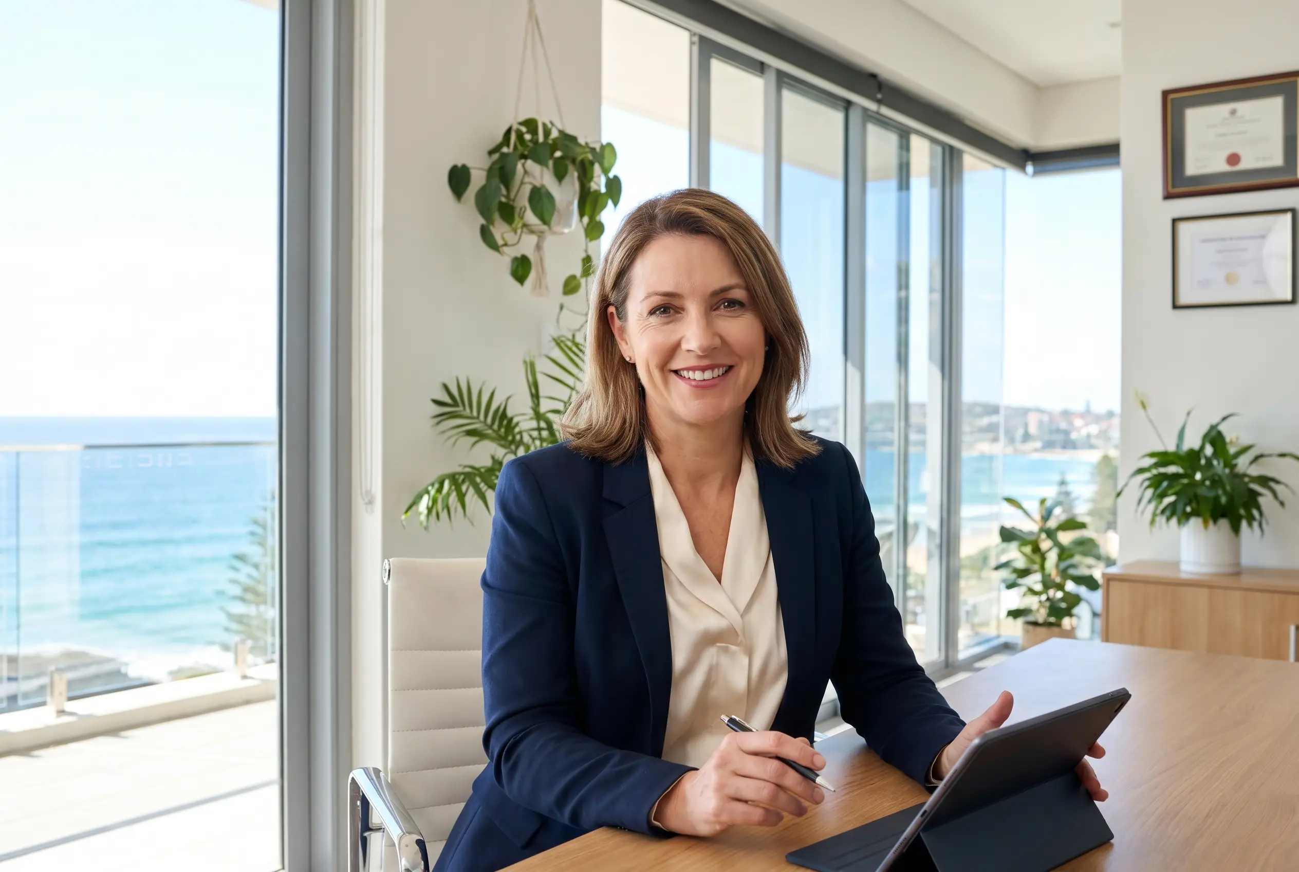 Professional finance broker at a coastal office