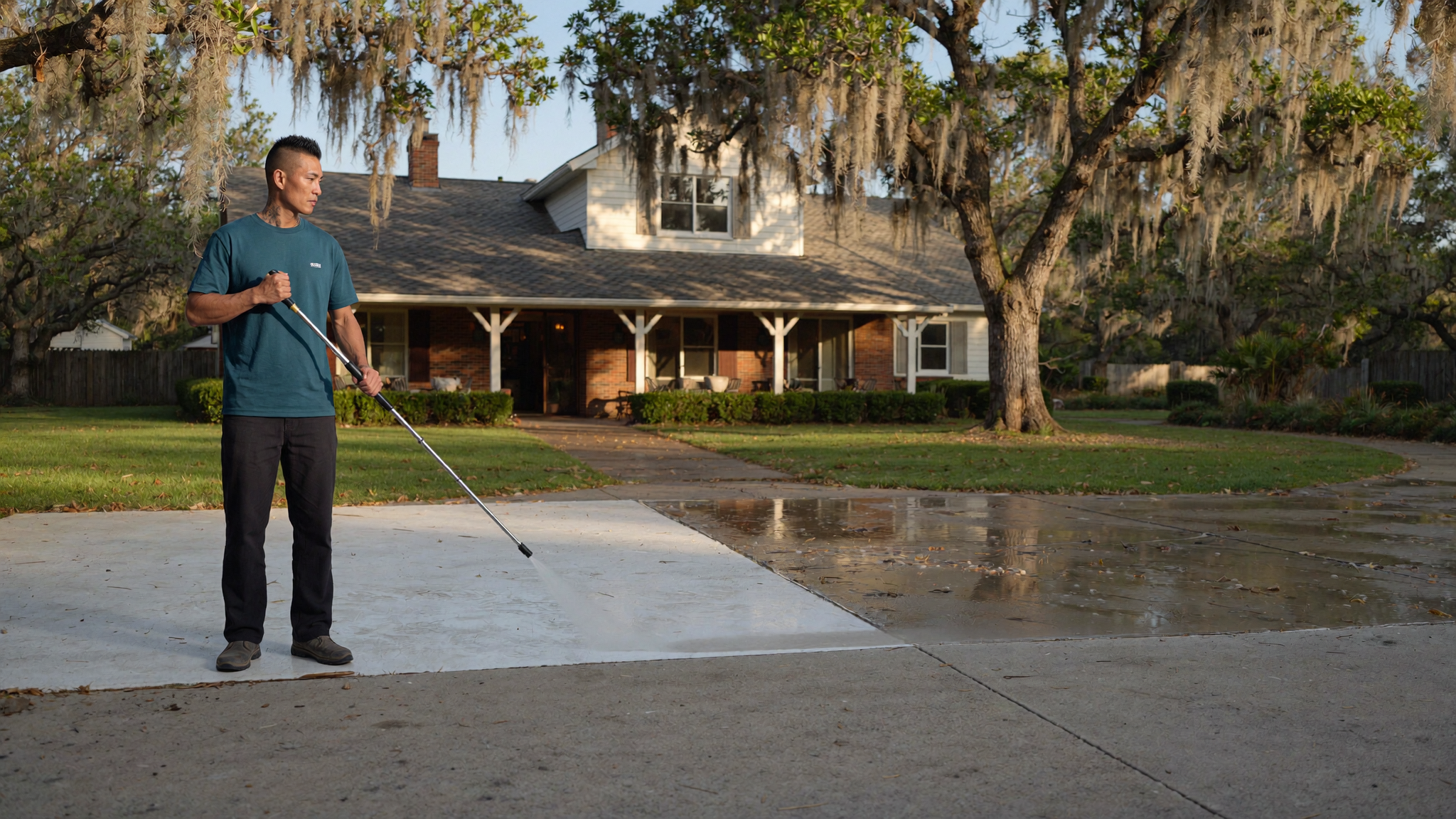 Half-cleaned driveway, before and after in one shot