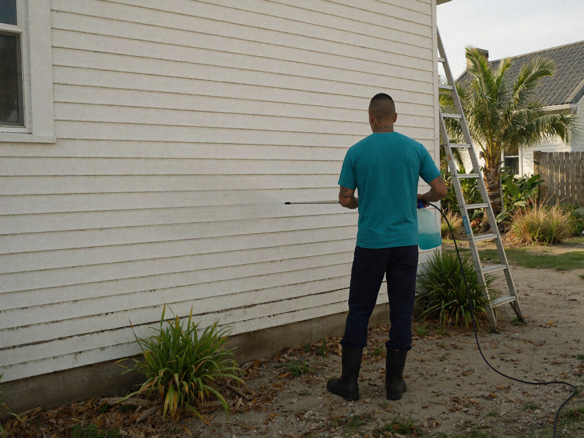 Soft-washing white home siding