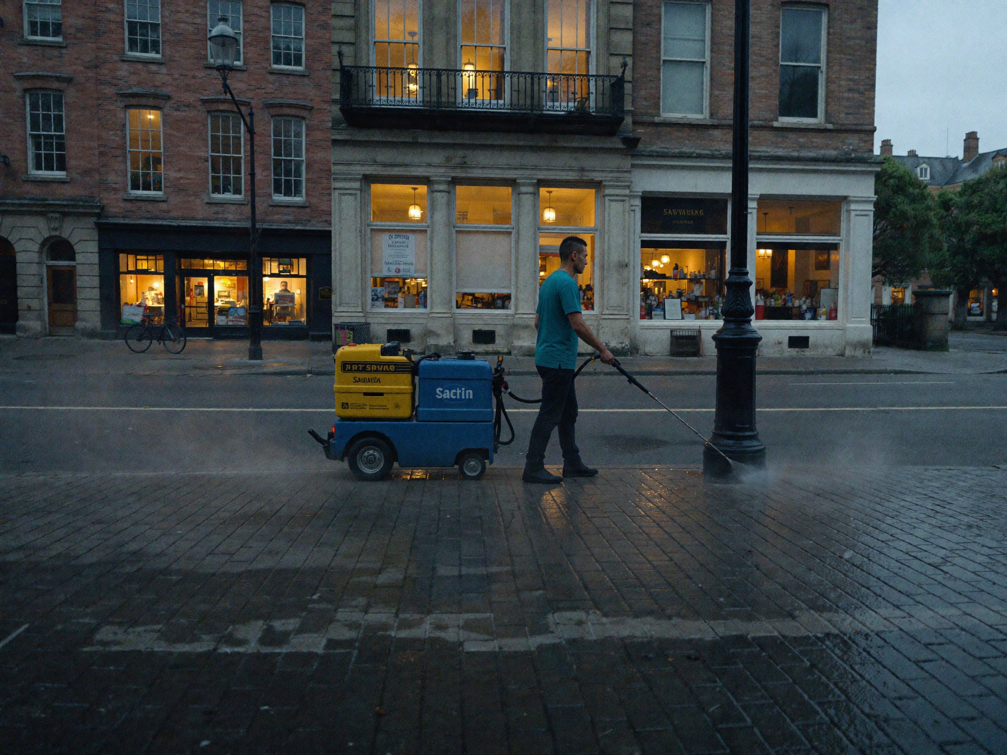 Pressure washing a historic downtown Savannah storefront sidewalk at dawn