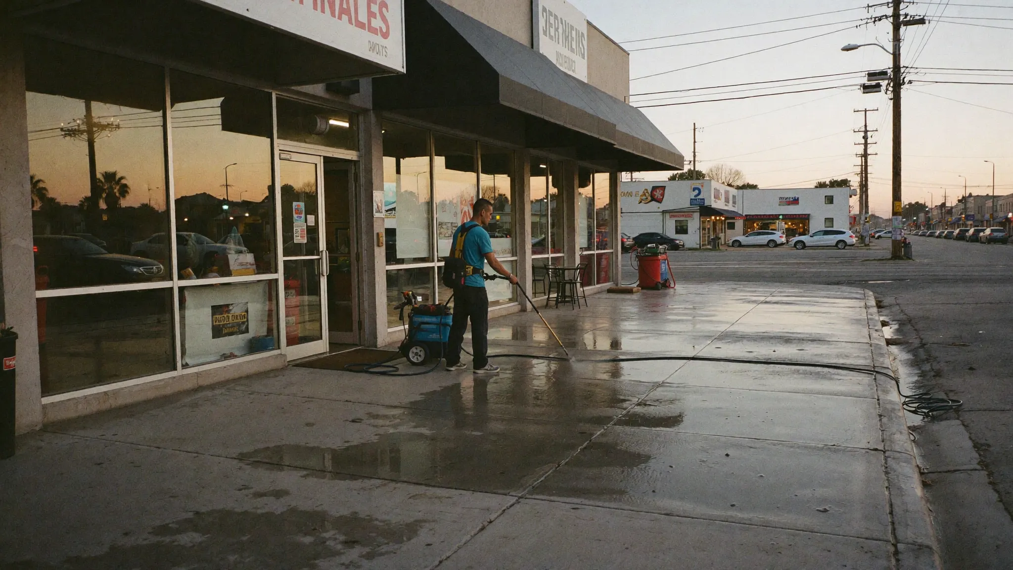 Cleaning a commercial storefront walkway