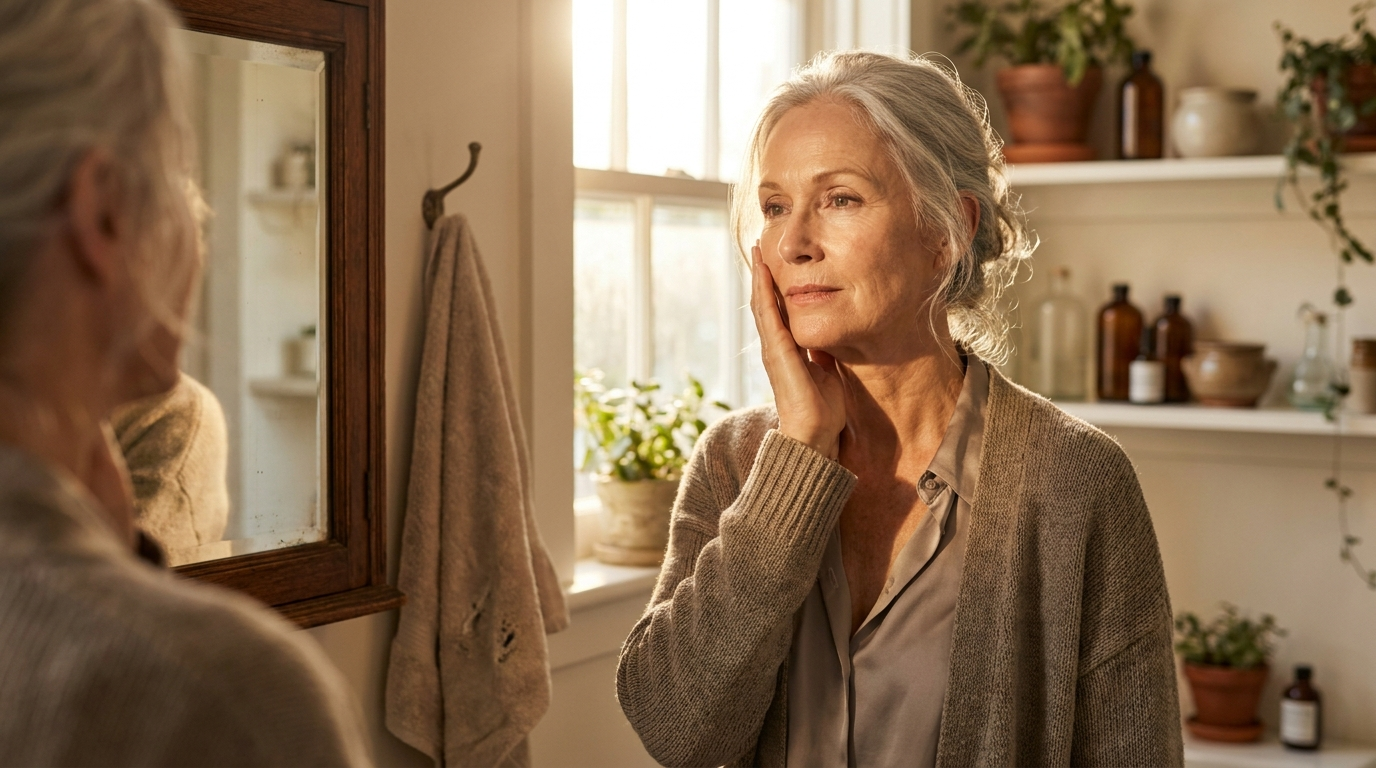 Woman in her sixties looking thoughtfully at her reflection in the bathroom mirror