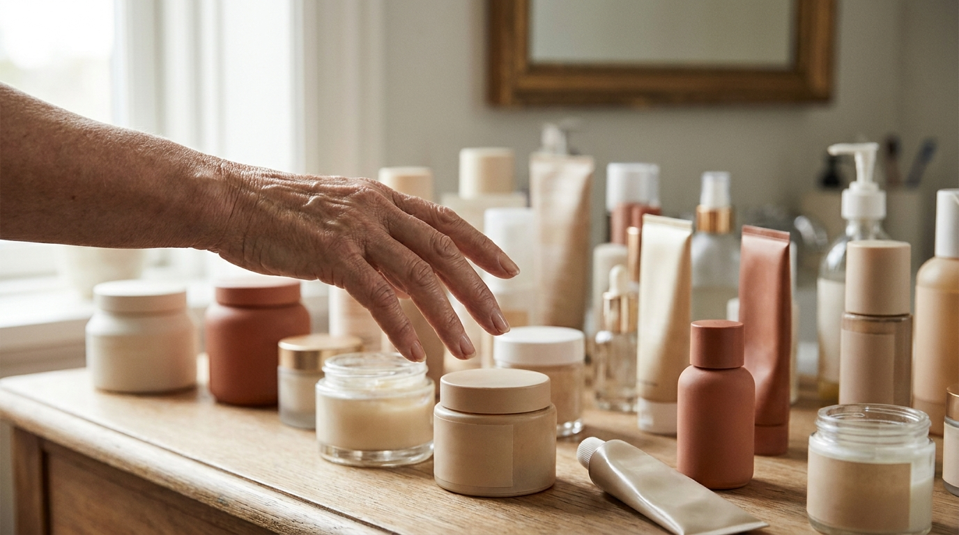 Bathroom counter crowded with half-used skincare jars and serums