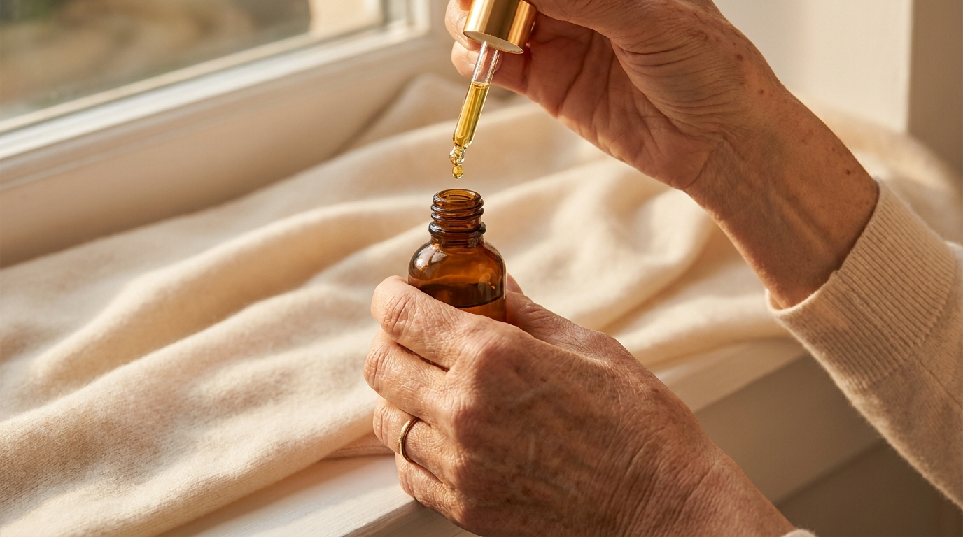 Mature hands holding an amber serum bottle with a golden dropper