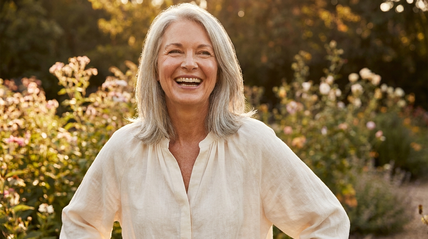Radiant woman in her sixties laughing outdoors in golden afternoon light