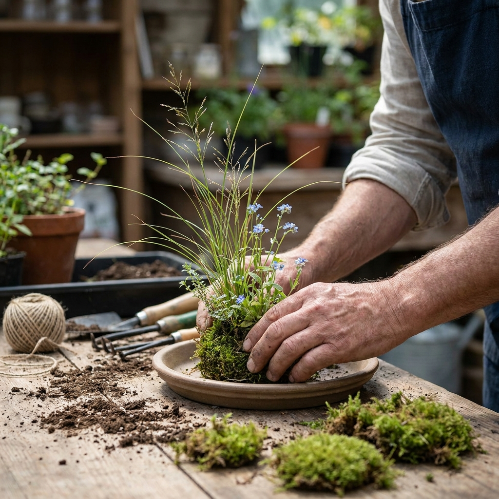 Composición de kusamono con hierbas y plantas silvestres en un taller de Kikavo