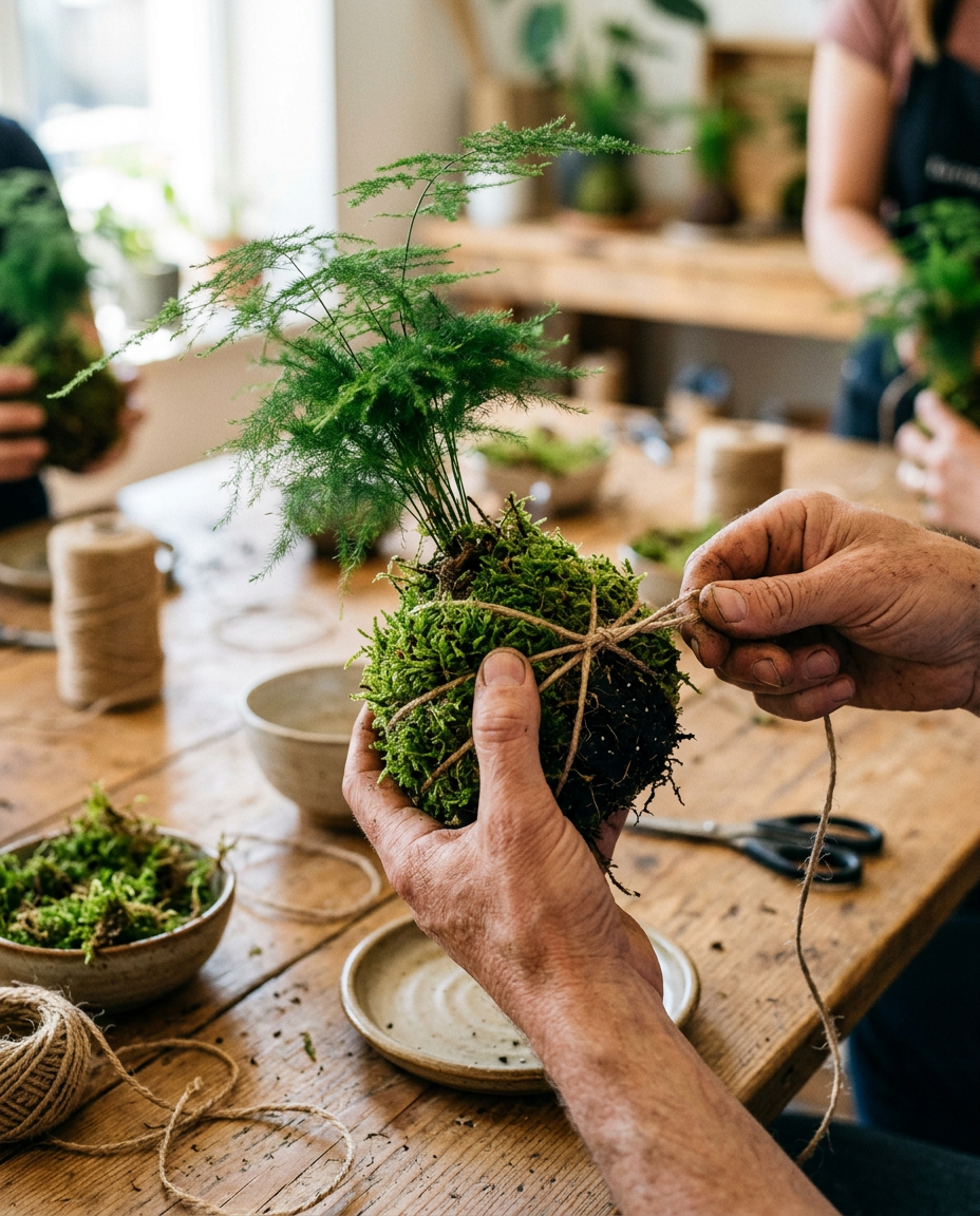 Manos anudando musgo alrededor de las raíces de una planta en un taller de kokedama de Kikavo