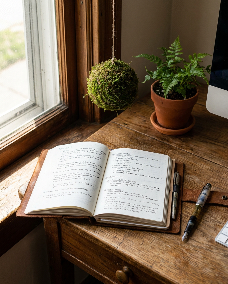 Cuaderno abierto junto a un kokedama y una planta sobre una mesa de madera, taller de Kikavo