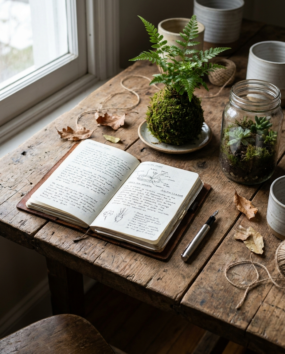 Cuaderno de notas junto a un kokedama y un terrario sobre mesa de madera