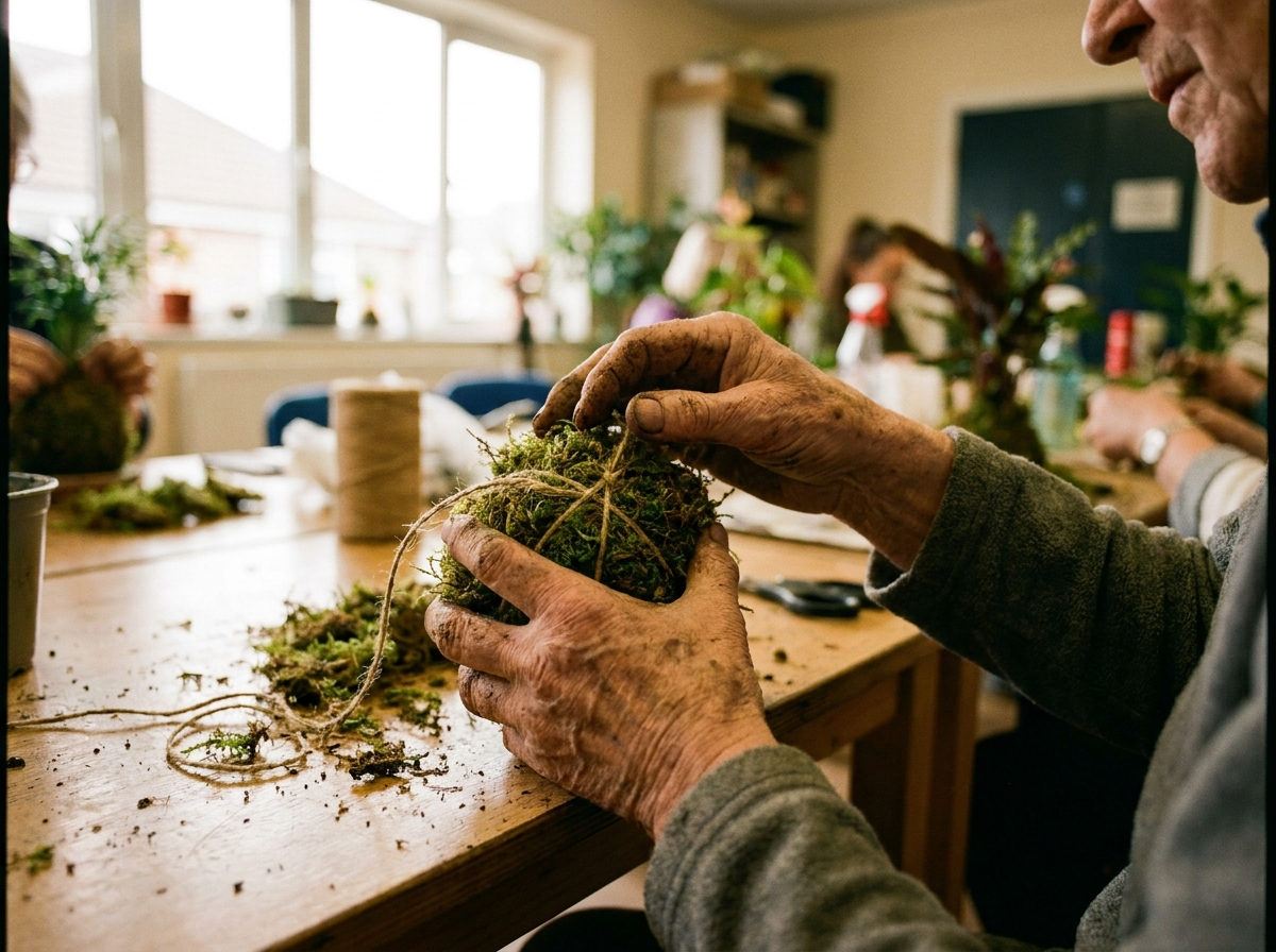 Persona mayor moldeando un kokedama en un taller de Kikavo