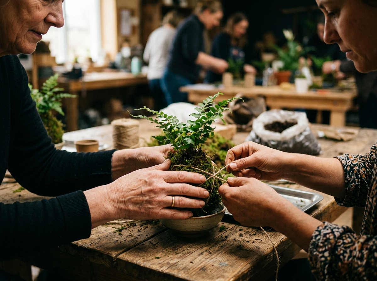 Dos personas colaborando en un taller de kokedama de Kikavo