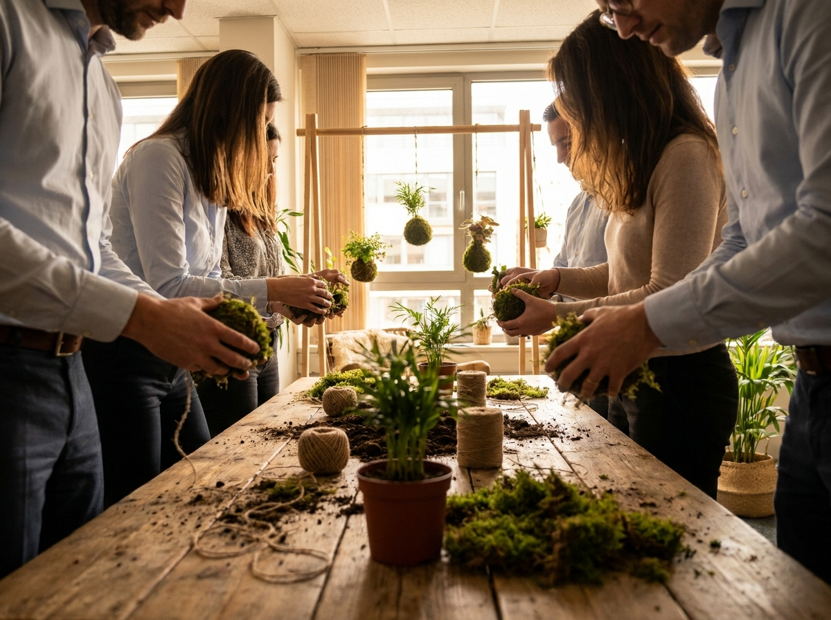 Equipo de empresa haciendo un taller de kokedama como team building