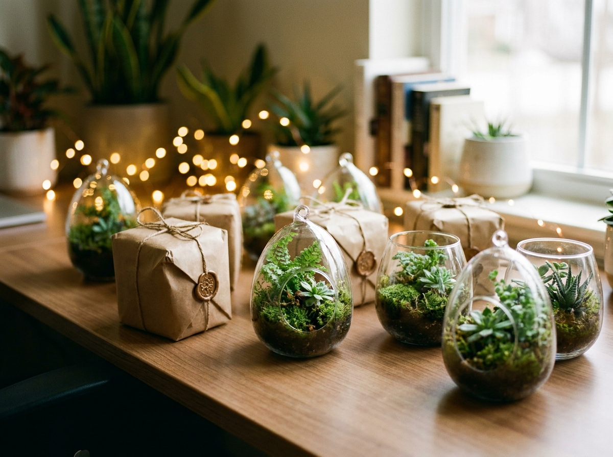 Mini terrarios de cristal envueltos como regalo de empresa de Navidad