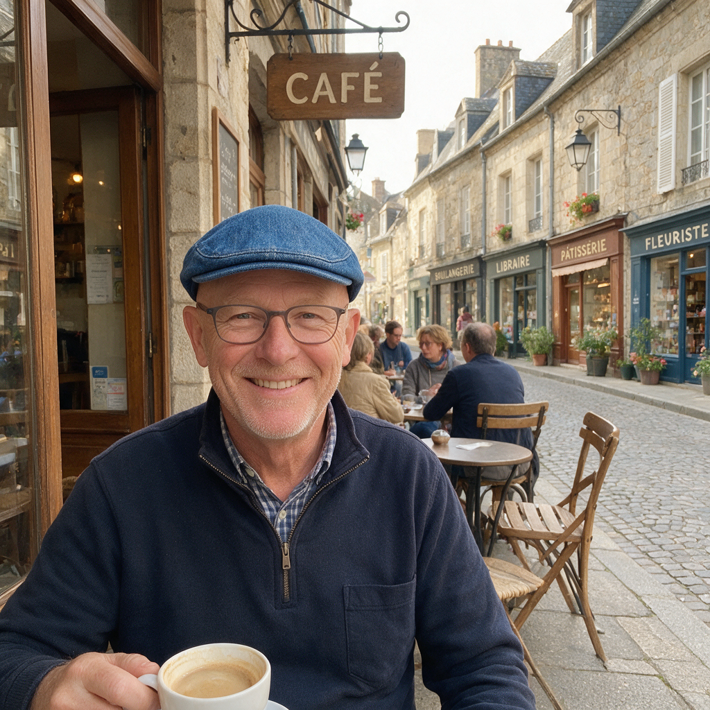 Wearing the Denim Vintage Cap at a cafe